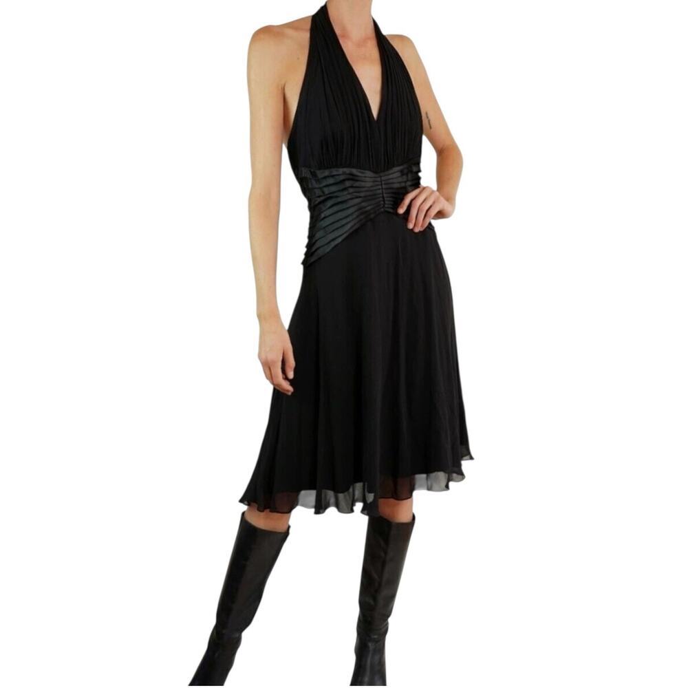 Tadashi Shoji Black Halter 100% Silk Formal Midi Dress 6